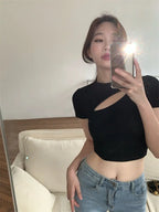 T Shirt Women Summer Hollow Crewneck Cropped Tops Irregular Tight Fitting Short Sleeve nowadaysfashion