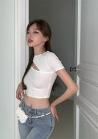 T Shirt Women Summer Hollow Crewneck Cropped Tops Irregular Tight Fitting Short Sleeve nowadaysfashion