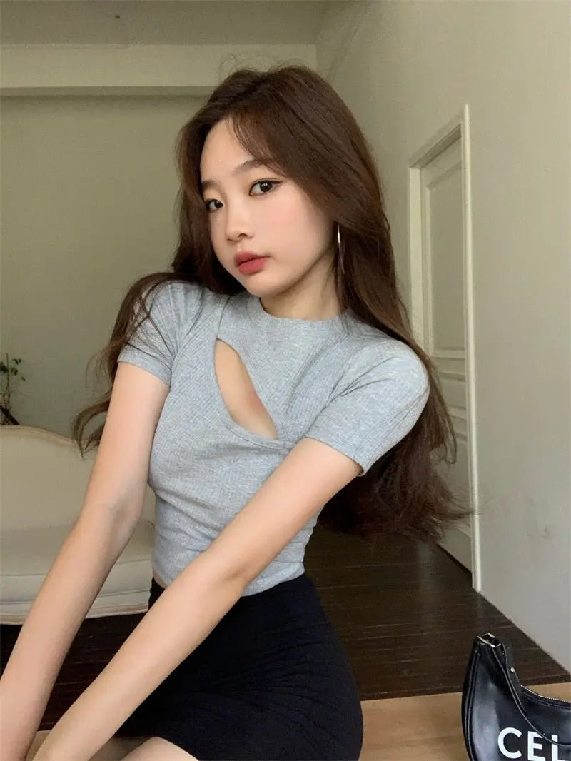 T Shirt Women Summer Hollow Crewneck Cropped Tops Irregular Tight Fitting Short Sleeve - Blade & Thread