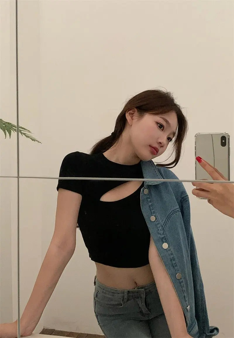 T Shirt Women Summer Hollow Crewneck Cropped Tops Irregular Tight Fitting Short Sleeve - Blade & Thread