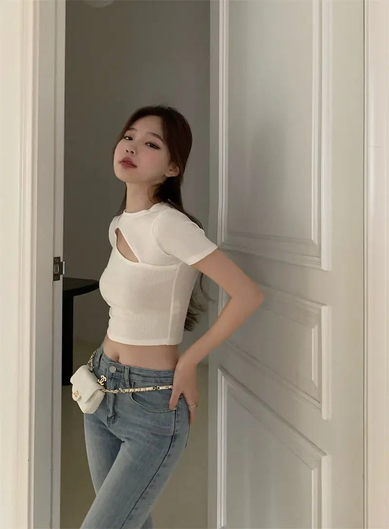 T Shirt Women Summer Hollow Crewneck Cropped Tops Irregular Tight Fitting Short Sleeve nowadaysfashion