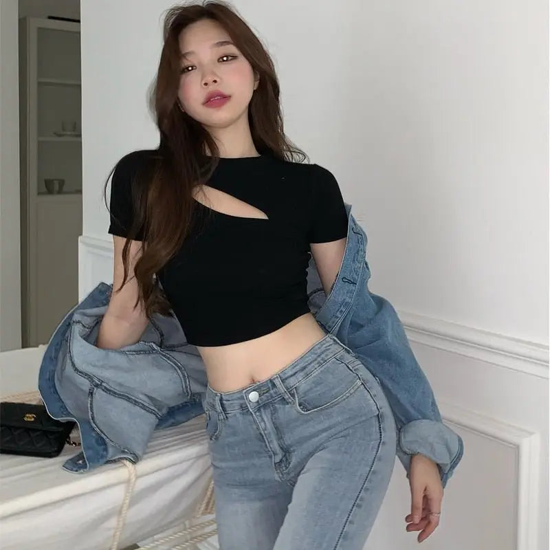 T Shirt Women Summer Hollow Crewneck Cropped Tops Irregular Tight Fitting Short Sleeve - Blade & Thread