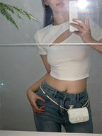 T Shirt Women Summer Hollow Crewneck Cropped Tops Irregular Tight Fitting Short Sleeve nowadaysfashion