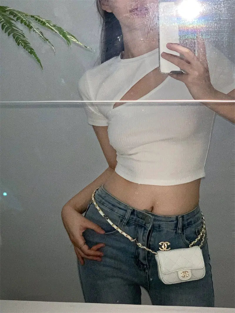 T Shirt Women Summer Hollow Crewneck Cropped Tops Irregular Tight Fitting Short Sleeve - Blade & Thread