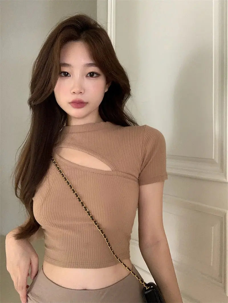 T Shirt Women Summer Hollow Crewneck Cropped Tops Irregular Tight Fitting Short Sleeve - Blade & Thread