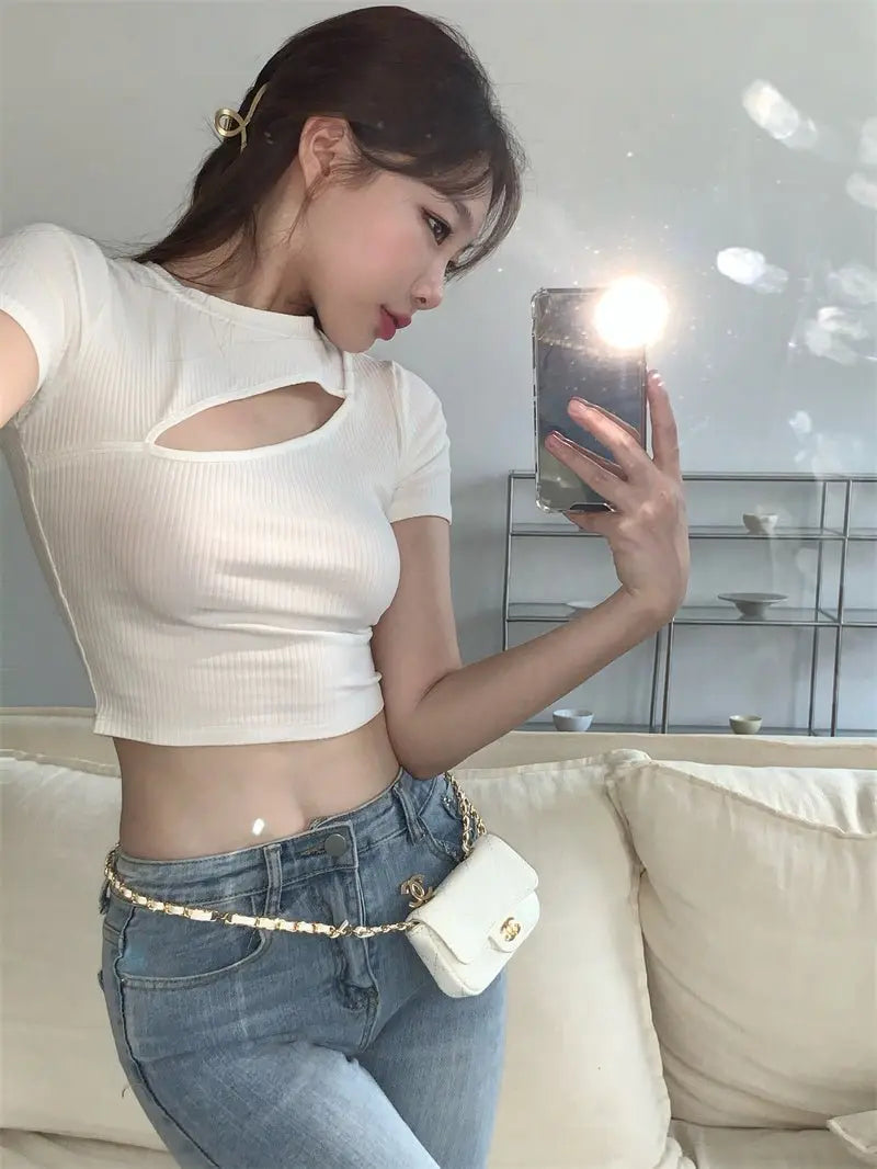 T Shirt Women Summer Hollow Crewneck Cropped Tops Irregular Tight Fitting Short Sleeve - Blade & Thread