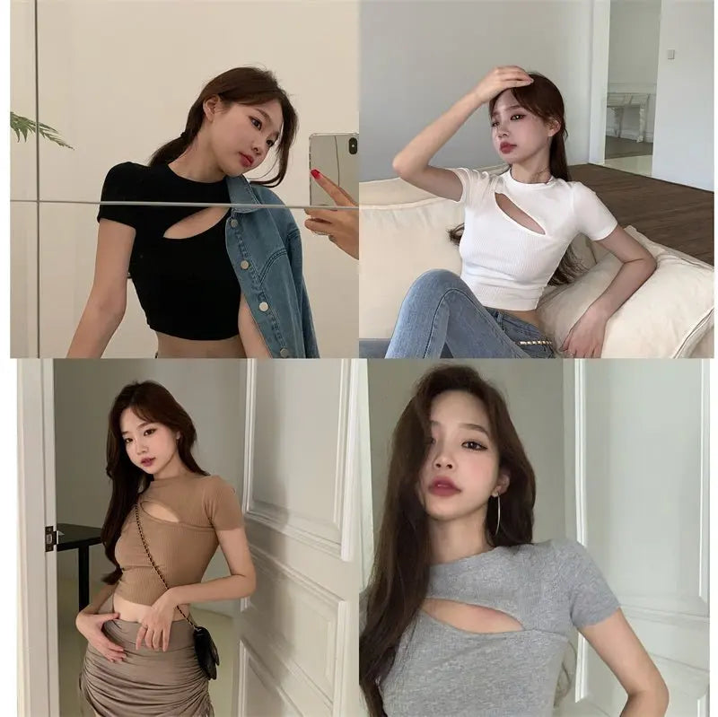 T Shirt Women Summer Hollow Crewneck Cropped Tops Irregular Tight Fitting Short Sleeve - Blade & Thread