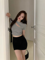 T Shirt Women Summer Hollow Crewneck Cropped Tops Irregular Tight Fitting Short Sleeve nowadaysfashion