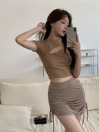 T Shirt Women Summer Hollow Crewneck Cropped Tops Irregular Tight Fitting Short Sleeve nowadaysfashion