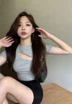 T Shirt Women Summer Hollow Crewneck Cropped Tops Irregular Tight Fitting Short Sleeve nowadaysfashion