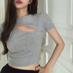 T Shirt Women Summer Hollow Crewneck Cropped Tops Irregular Tight Fitting Short Sleeve nowadaysfashion