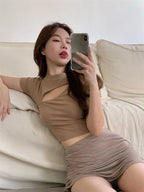 T Shirt Women Summer Hollow Crewneck Cropped Tops Irregular Tight Fitting Short Sleeve nowadaysfashion