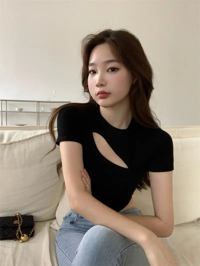 T Shirt Women Summer Hollow Crewneck Cropped Tops Irregular Tight Fitting Short Sleeve - Blade & Thread