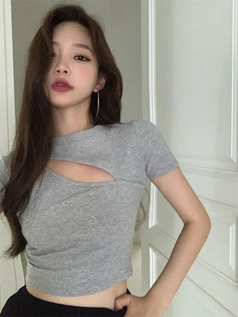 T Shirt Women Summer Hollow Crewneck Cropped Tops Irregular Tight Fitting Short Sleeve - Blade & Thread