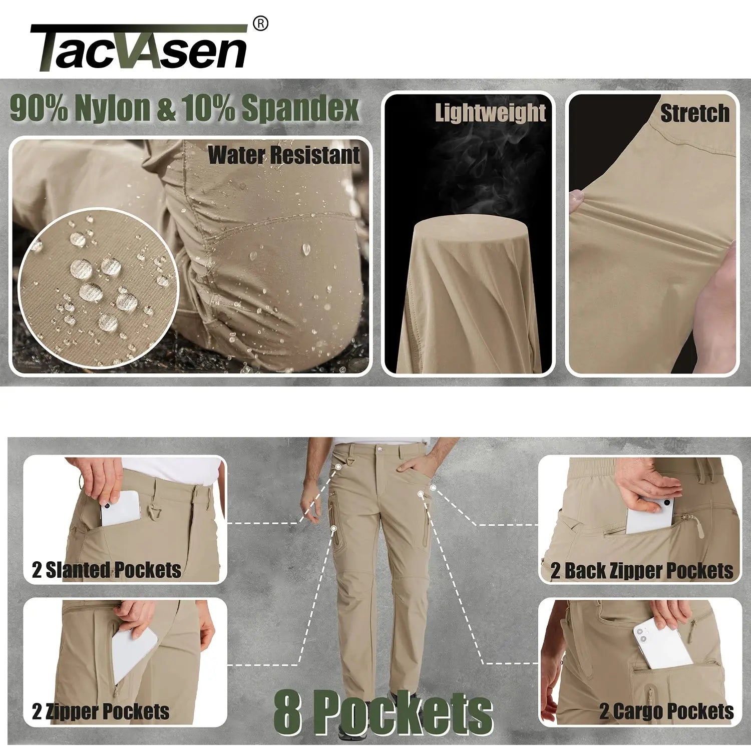 TACVASEN Summer Lightweight Trousers Mens Fishing Pants Outdoor Hiking Nylon Quick Dry Pockets Cargo Pants Casual Work Trousers TACVASEN Official Store
