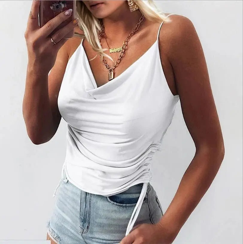 Tank Top V Neck Camisole Cami Drawstring Spaghetti Strap Top nowadaysfashion