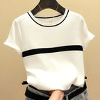Thin Knitted T Shirt Women Short Sleeve Summer Tops Woman Clothes Striped Fashion T-Shirt nowadaysfashion