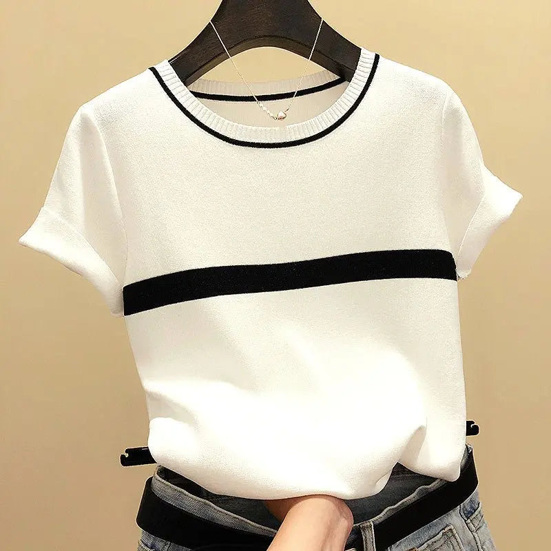 Thin Knitted T Shirt Women Short Sleeve Summer Tops Woman Clothes Striped Fashion T-Shirt nowadaysfashion