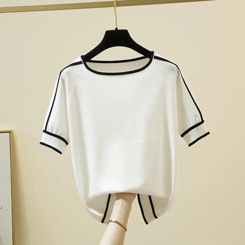 Thin Knitted T Shirt Women Short Sleeve Summer Tops Woman Clothes Striped Fashion T-Shirt nowadaysfashion