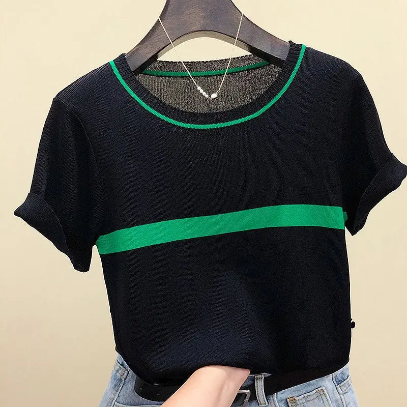 Thin Knitted T Shirt Women Short Sleeve Summer Tops Woman Clothes Striped Fashion T-Shirt nowadaysfashion