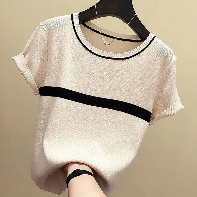 Thin Knitted T Shirt Women Short Sleeve Summer Tops Woman Clothes Striped Fashion T-Shirt - Blade & Thread