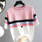 Thin Knitted T Shirt Women Short Sleeve Summer Tops Woman Clothes Striped Fashion T-Shirt nowadaysfashion