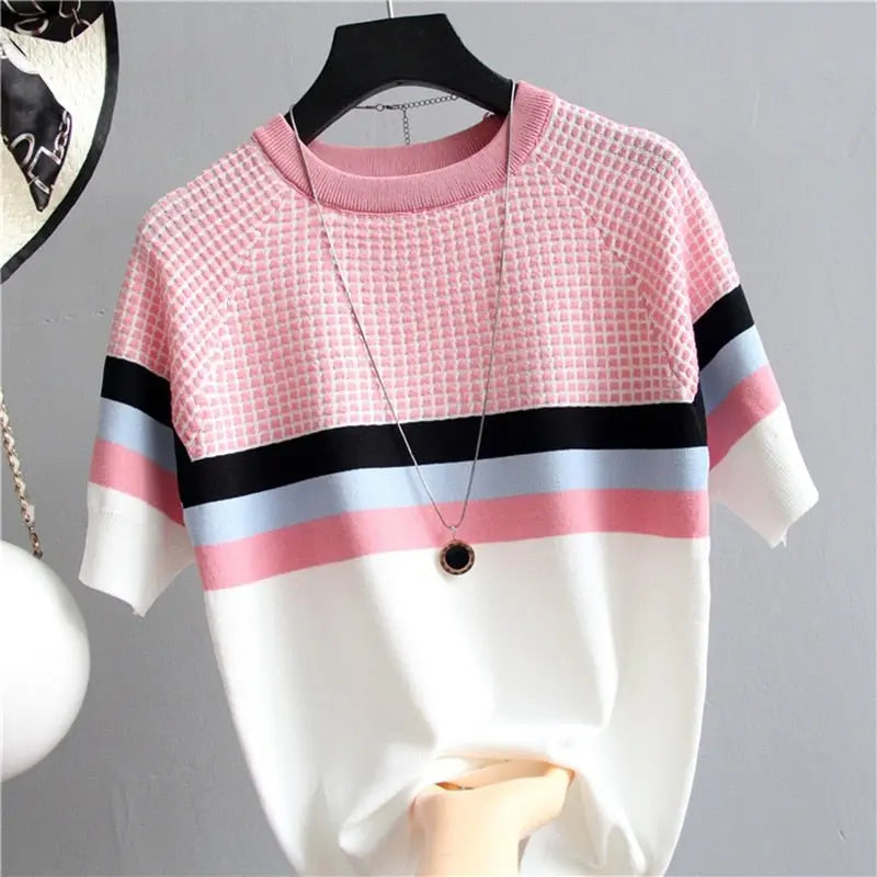 Thin Knitted T Shirt Women Short Sleeve Summer Tops Woman Clothes Striped Fashion T-Shirt - Blade & Thread
