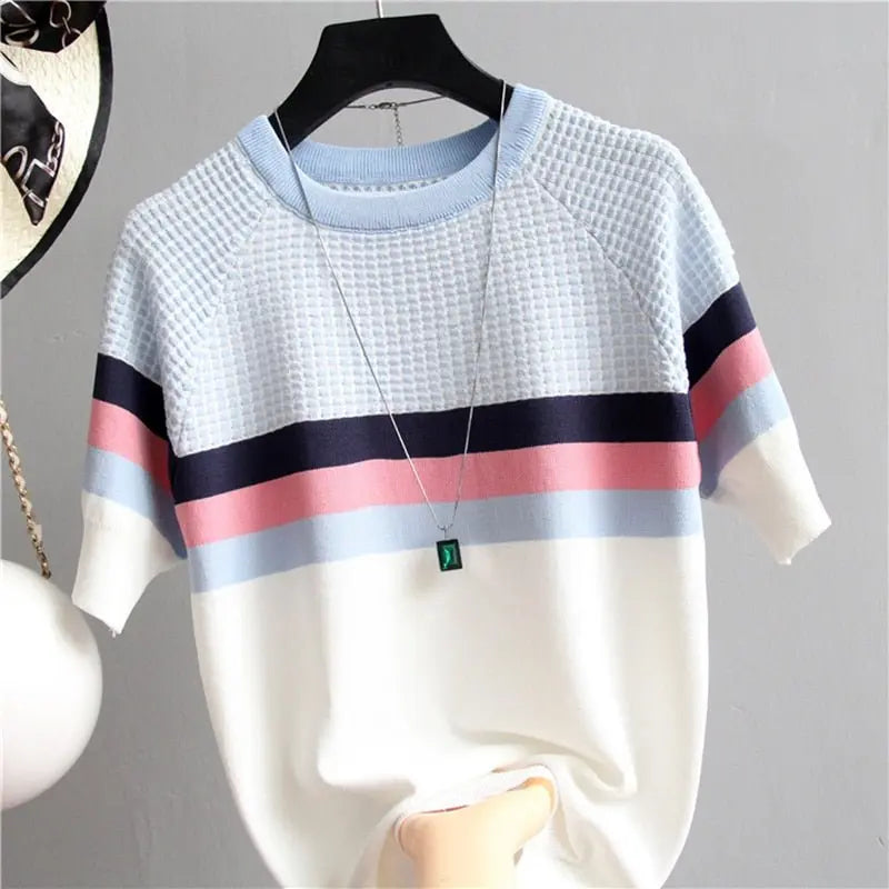 Thin Knitted T Shirt Women Short Sleeve Summer Tops Woman Clothes Striped Fashion T-Shirt nowadaysfashion