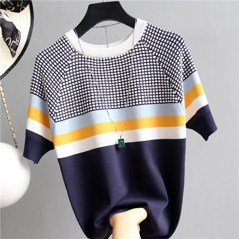 Thin Knitted T Shirt Women Short Sleeve Summer Tops Woman Clothes Striped Fashion T-Shirt - Blade & Thread