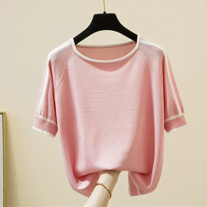 Thin Knitted T Shirt Women Short Sleeve Summer Tops Woman Clothes Striped Fashion T-Shirt - Blade & Thread
