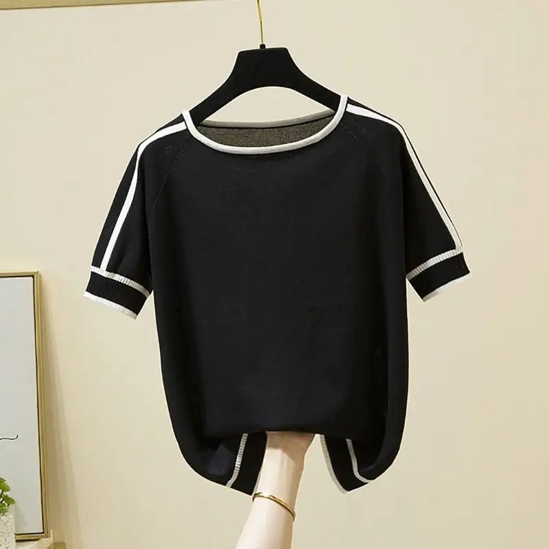 Thin Knitted T Shirt Women Short Sleeve Summer Tops Woman Clothes Striped Fashion T-Shirt - Blade & Thread