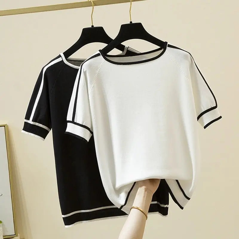 Thin Knitted T Shirt Women Short Sleeve Summer Tops Woman Clothes Striped Fashion T-Shirt - Blade & Thread