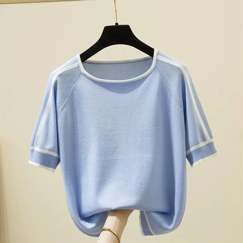 Thin Knitted T Shirt Women Short Sleeve Summer Tops Woman Clothes Striped Fashion T-Shirt - Blade & Thread