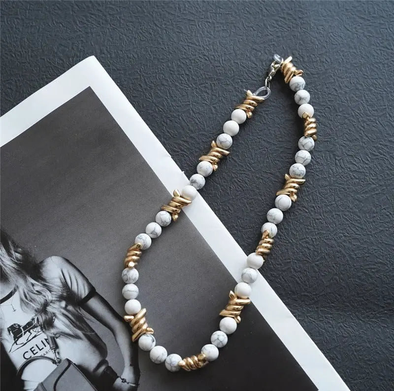 Thorn Light Luxury White Turquoise Pearl Metal Necklace nowadaysfashion