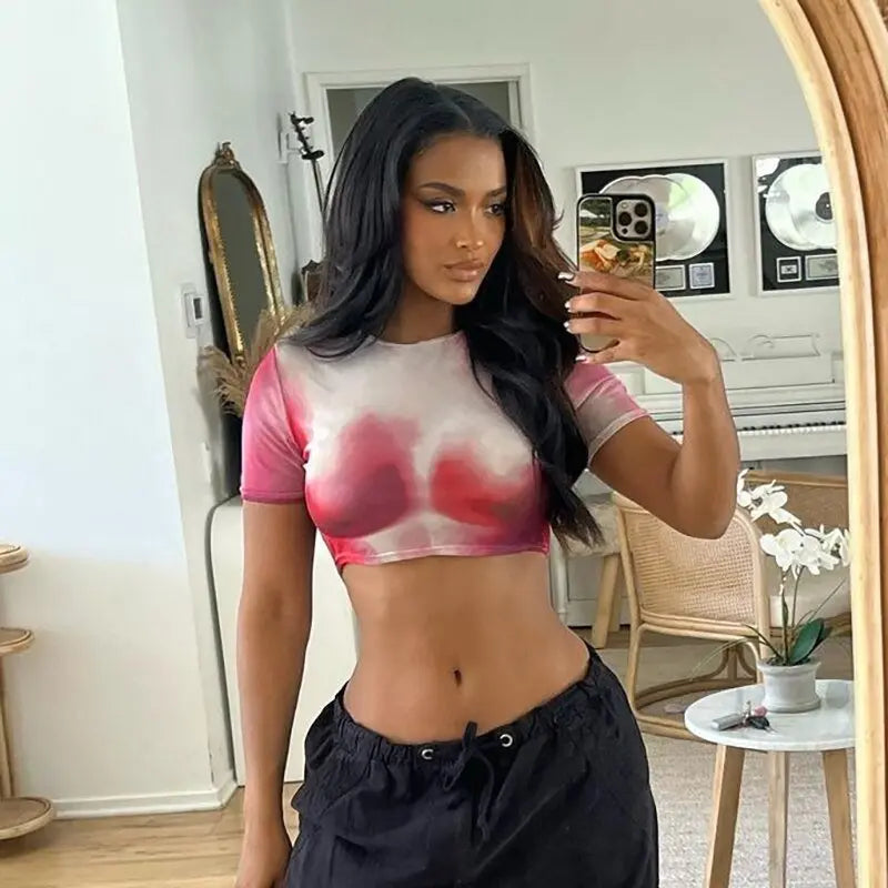 Tie Dye Print O Neck Short Sleeves Crop Top T Shirt Slim - Blade & Thread