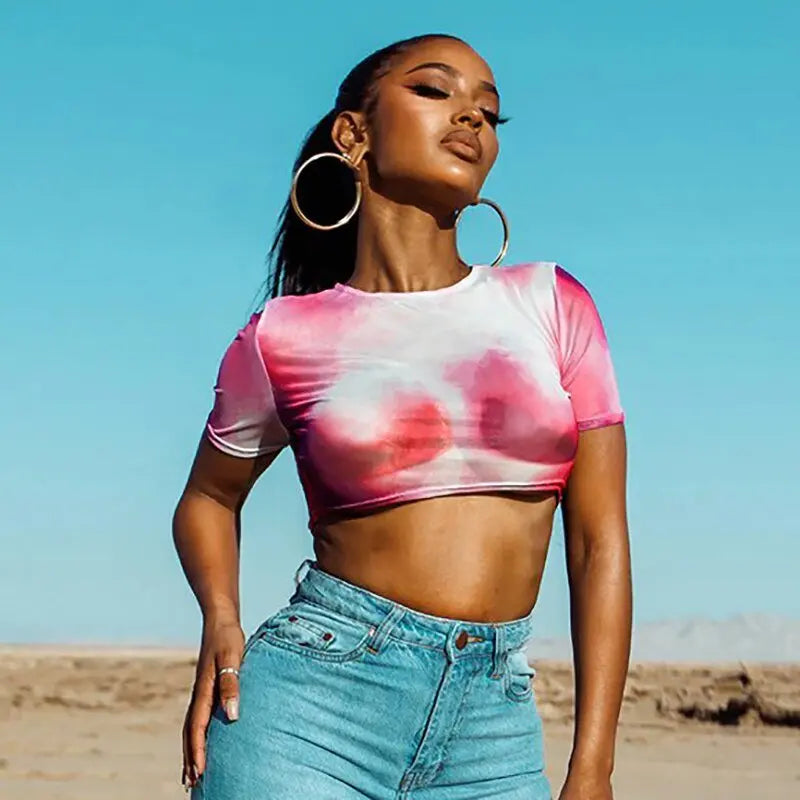 Tie Dye Print O Neck Short Sleeves Crop Top T Shirt Slim nowadaysfashion