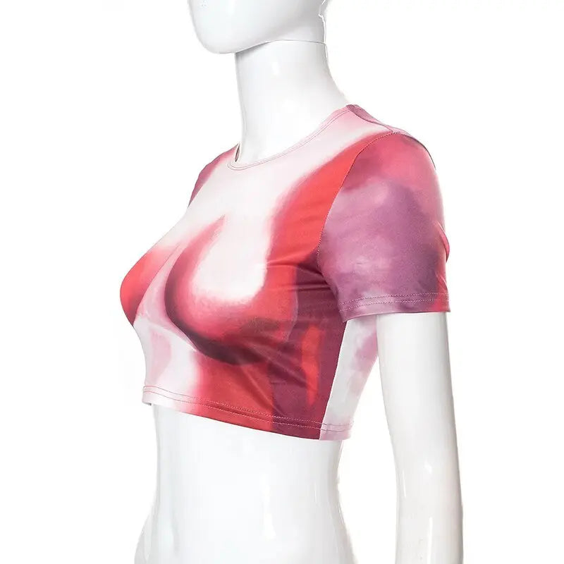 Tie Dye Print O Neck Short Sleeves Crop Top T Shirt Slim nowadaysfashion