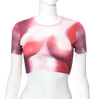 Tie Dye Print O Neck Short Sleeves Crop Top T Shirt Slim nowadaysfashion