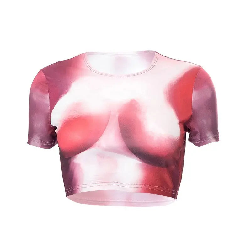 Tie Dye Print O Neck Short Sleeves Crop Top T Shirt Slim nowadaysfashion