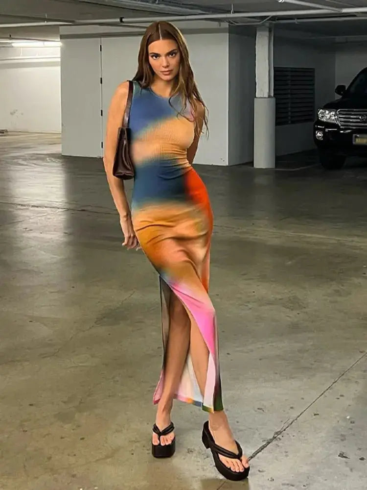 Tie Dye Print Ribbed Midi Dress Bodycon Side Slit Y2K - Blade & Thread
