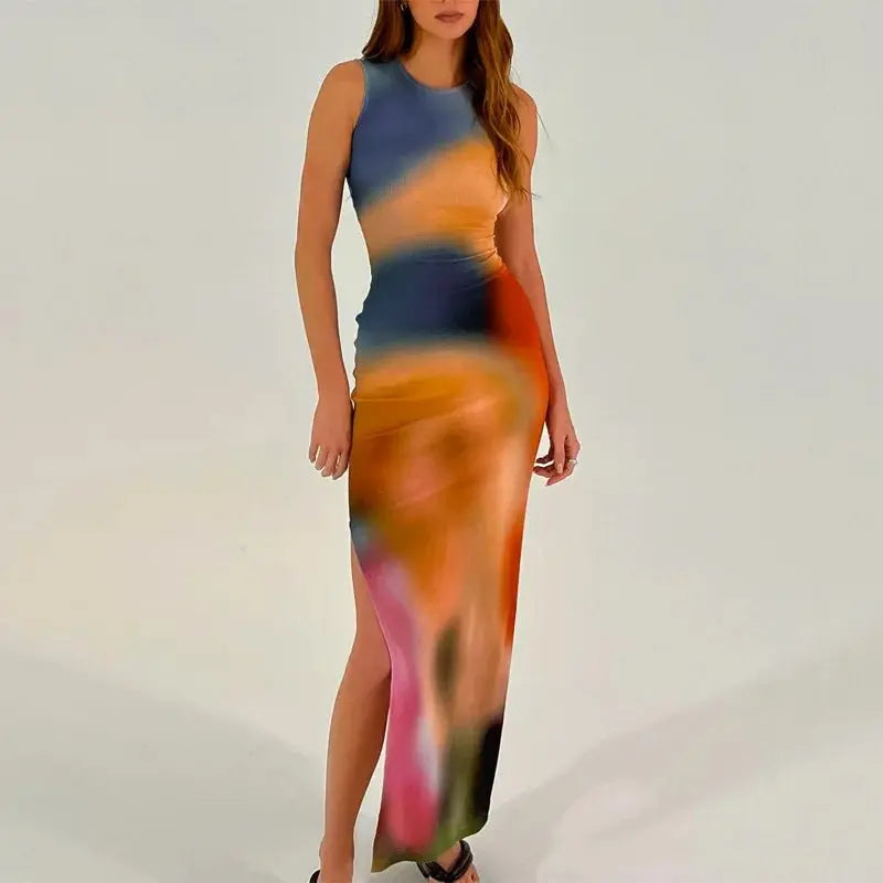 Tie Dye Print Ribbed Midi Dress Bodycon Side Slit Y2K - Blade & Thread