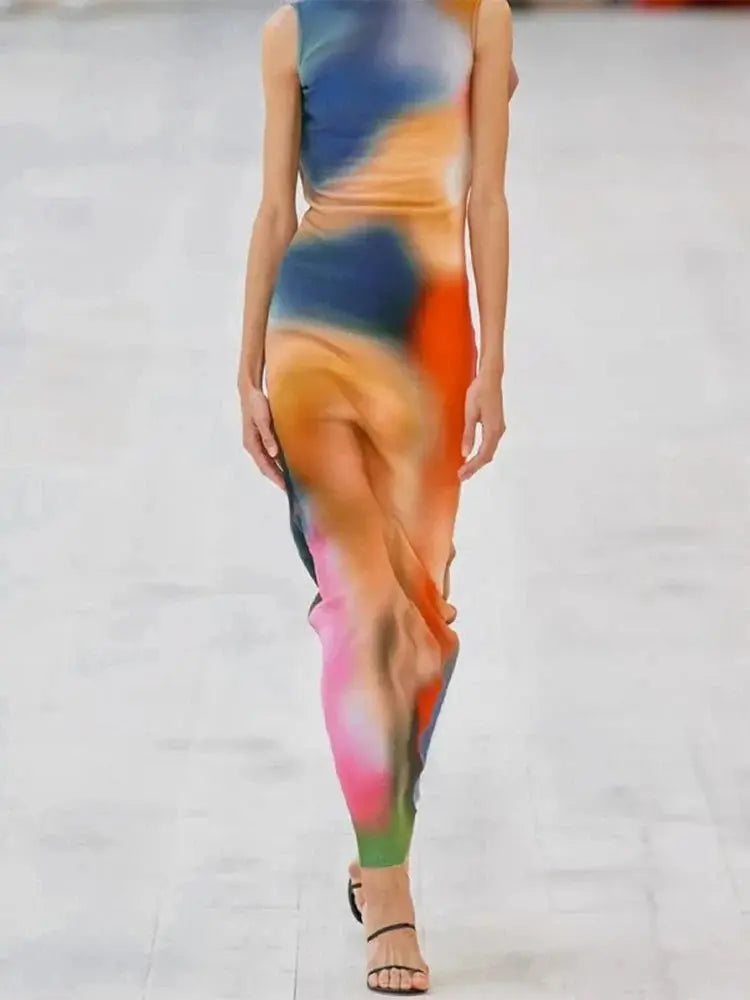 Tie Dye Print Ribbed Midi Dress Bodycon Side Slit Y2K - Blade & Thread
