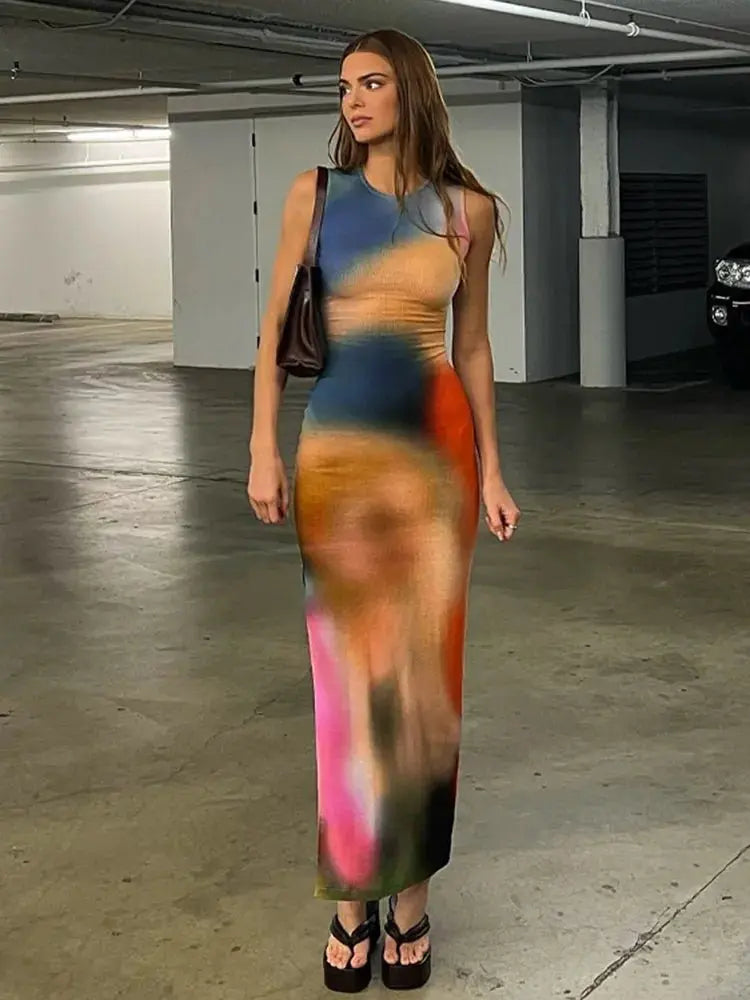 Tie Dye Print Ribbed Midi Dress Bodycon Side Slit Y2K - Blade & Thread
