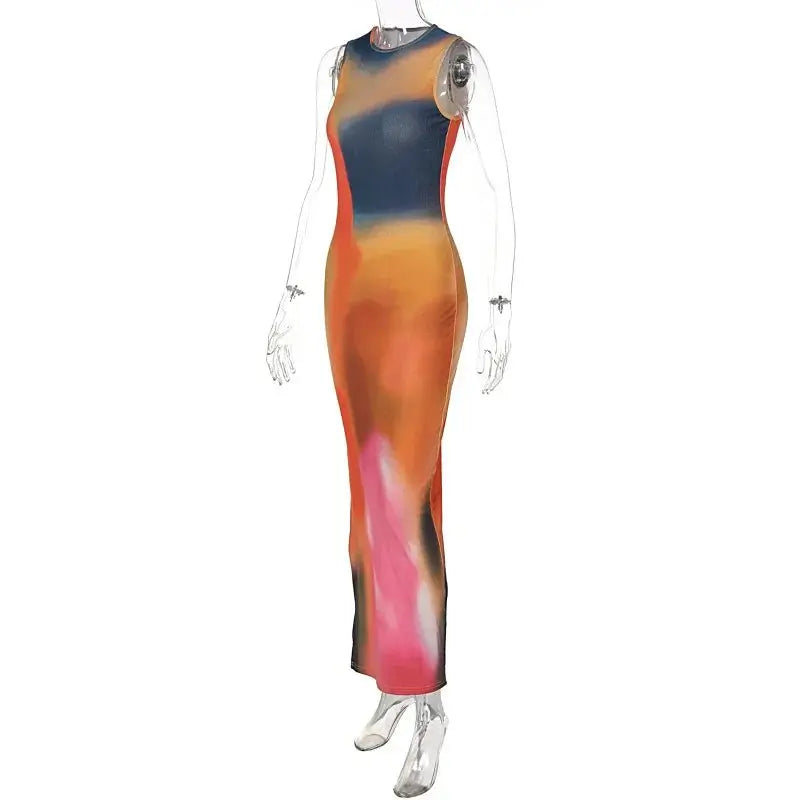Tie Dye Print Ribbed Midi Dress Bodycon Side Slit Y2K - Blade & Thread