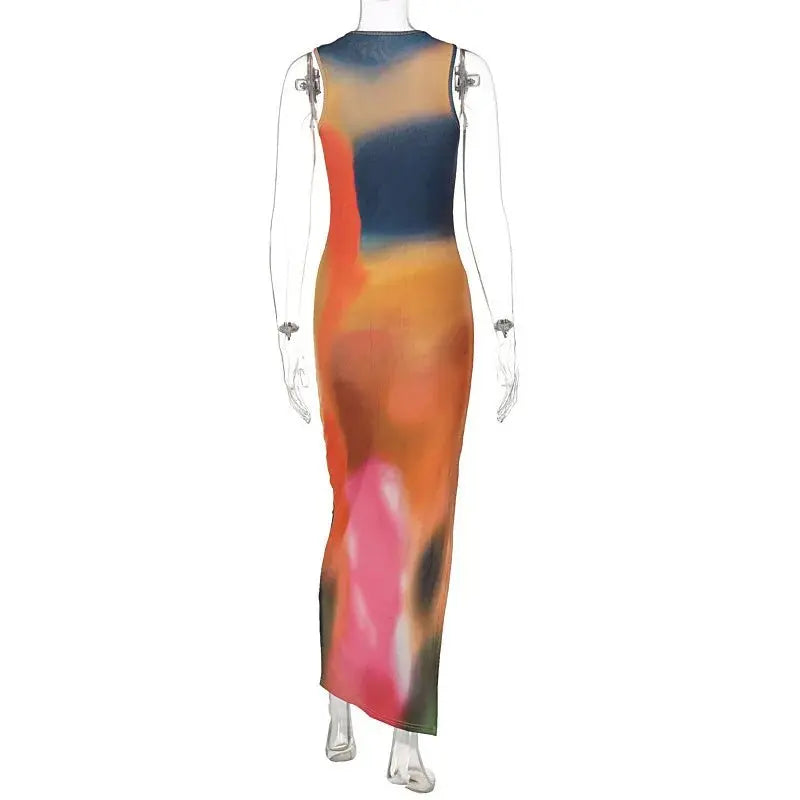 Tie Dye Print Ribbed Midi Dress Bodycon Side Slit Y2K nowadaysfashion