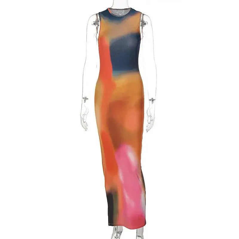 Tie Dye Print Ribbed Midi Dress Bodycon Side Slit Y2K - Blade & Thread