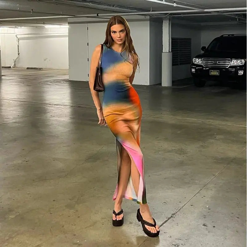 Tie Dye Print Ribbed Midi Dress Bodycon Side Slit Y2K - Blade & Thread