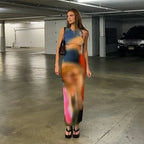 Tie Dye Print Ribbed Midi Dress Bodycon Side Slit Y2K nowadaysfashion