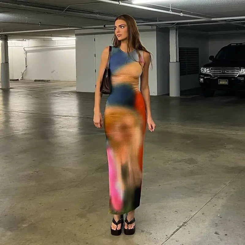 Tie Dye Print Ribbed Midi Dress Bodycon Side Slit Y2K nowadaysfashion