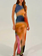Tie Dye Print Ribbed Midi Dress Bodycon Side Slit Y2K nowadaysfashion